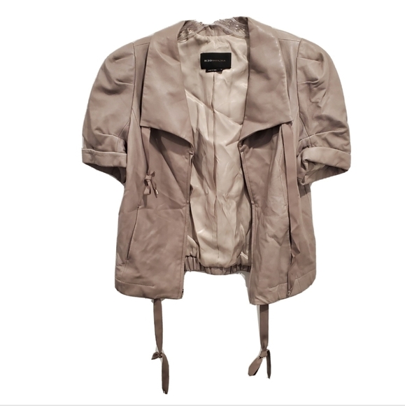 BCBGMaxAzria Leather Short Sleeve Taupe Jacket - Picture 3 of 7
